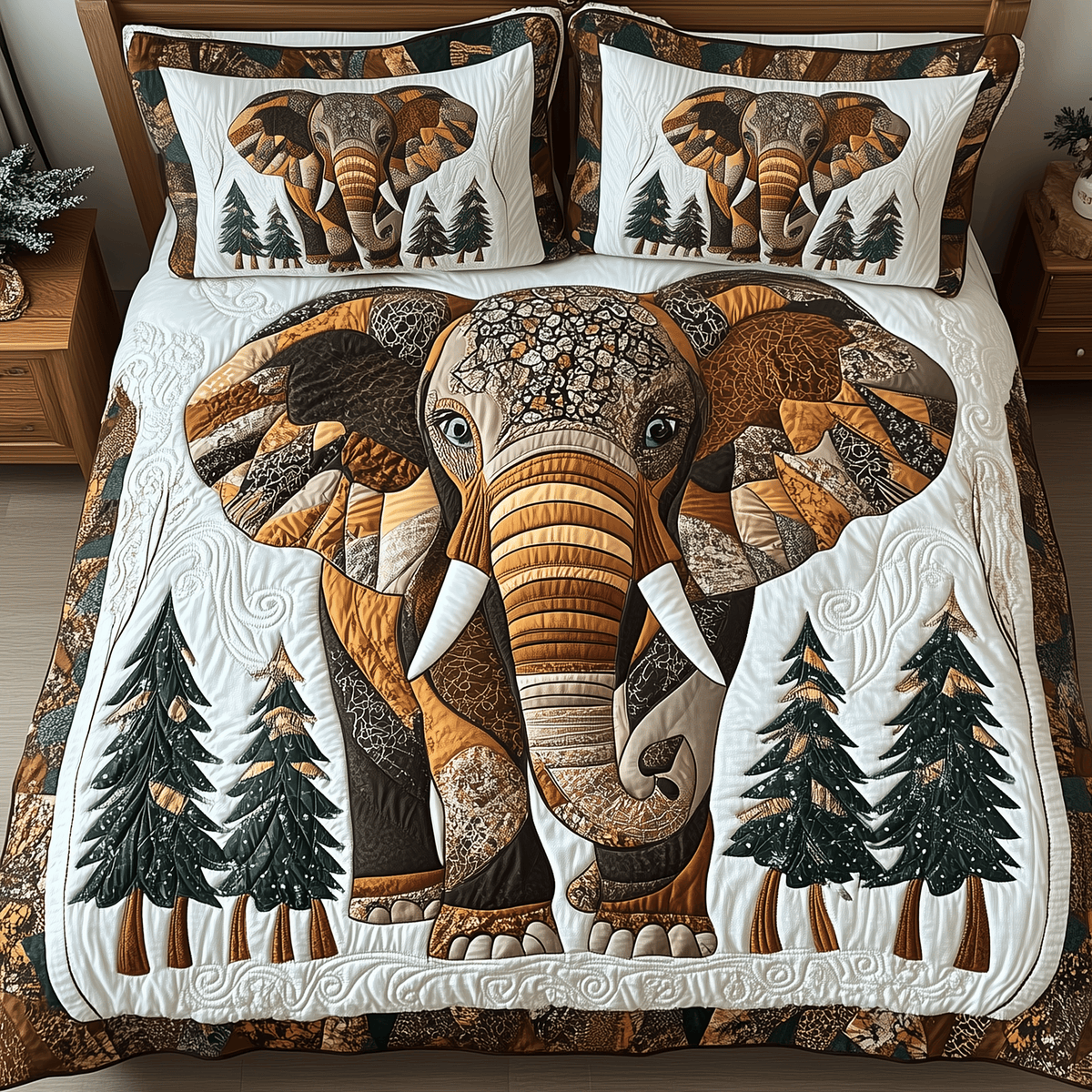 Winter Elephant 3 Piece Quilted Bedding Set Christmas Gift For Elephant Lovers
