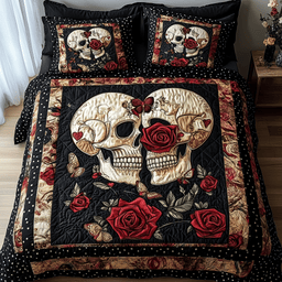 Skull Couple 3 Piece Quilted Bedding Set Gift For Gothic Decor Lovers