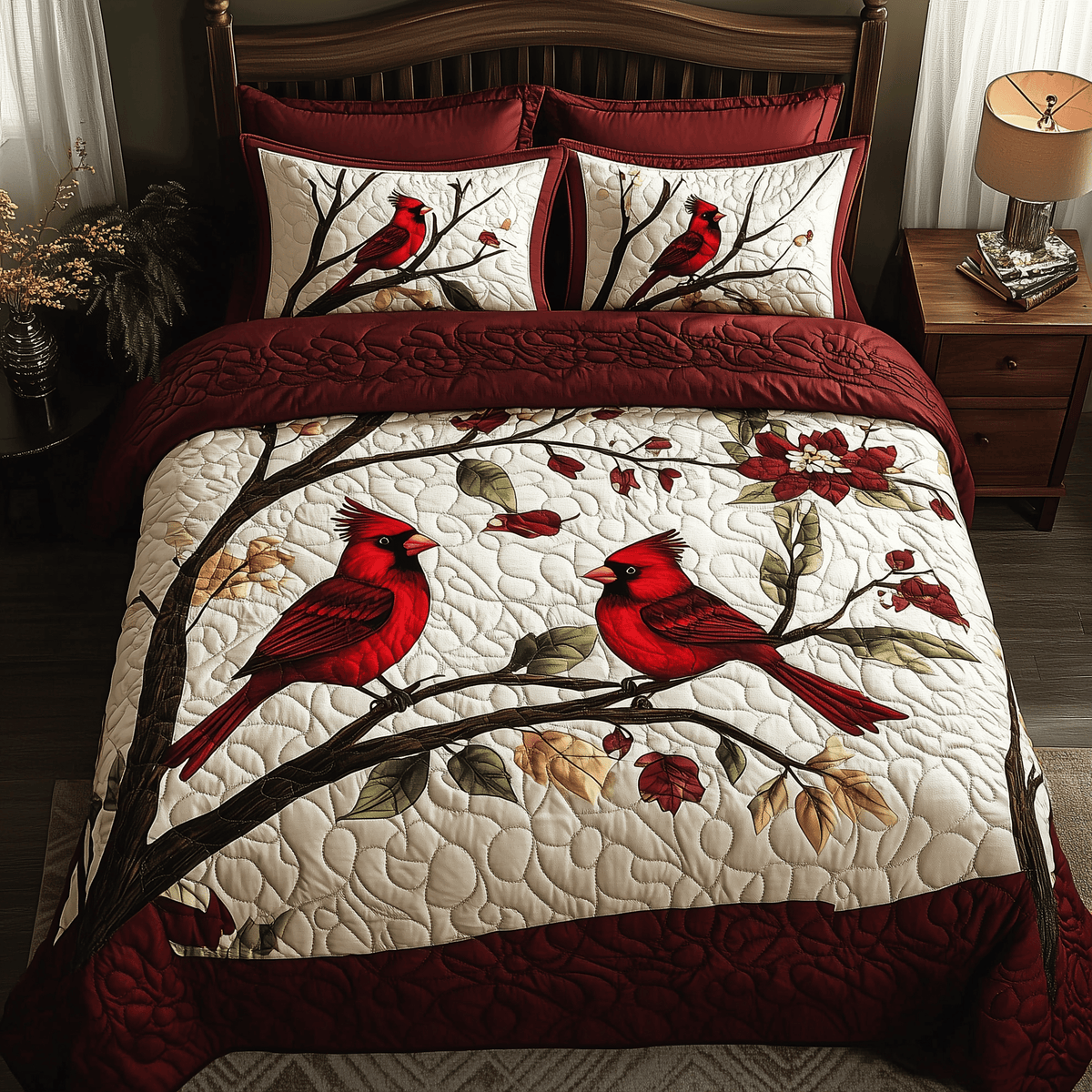 Cardinal 3 Piece Quilted Bedding Set Christmas Gift For Bird Lovers