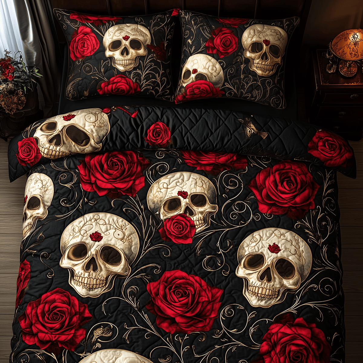 Rose Skull 3 Piece Quilted Bedding Set Gift For Flower Lovers