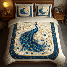 Blue Peacock 3 Piece Quilted Bedding Set Gift For Bird Lovers