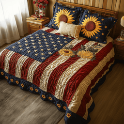 Patriotic Sunflower 3 Piece Quilted Bedding Set Gift For Flower Lovers