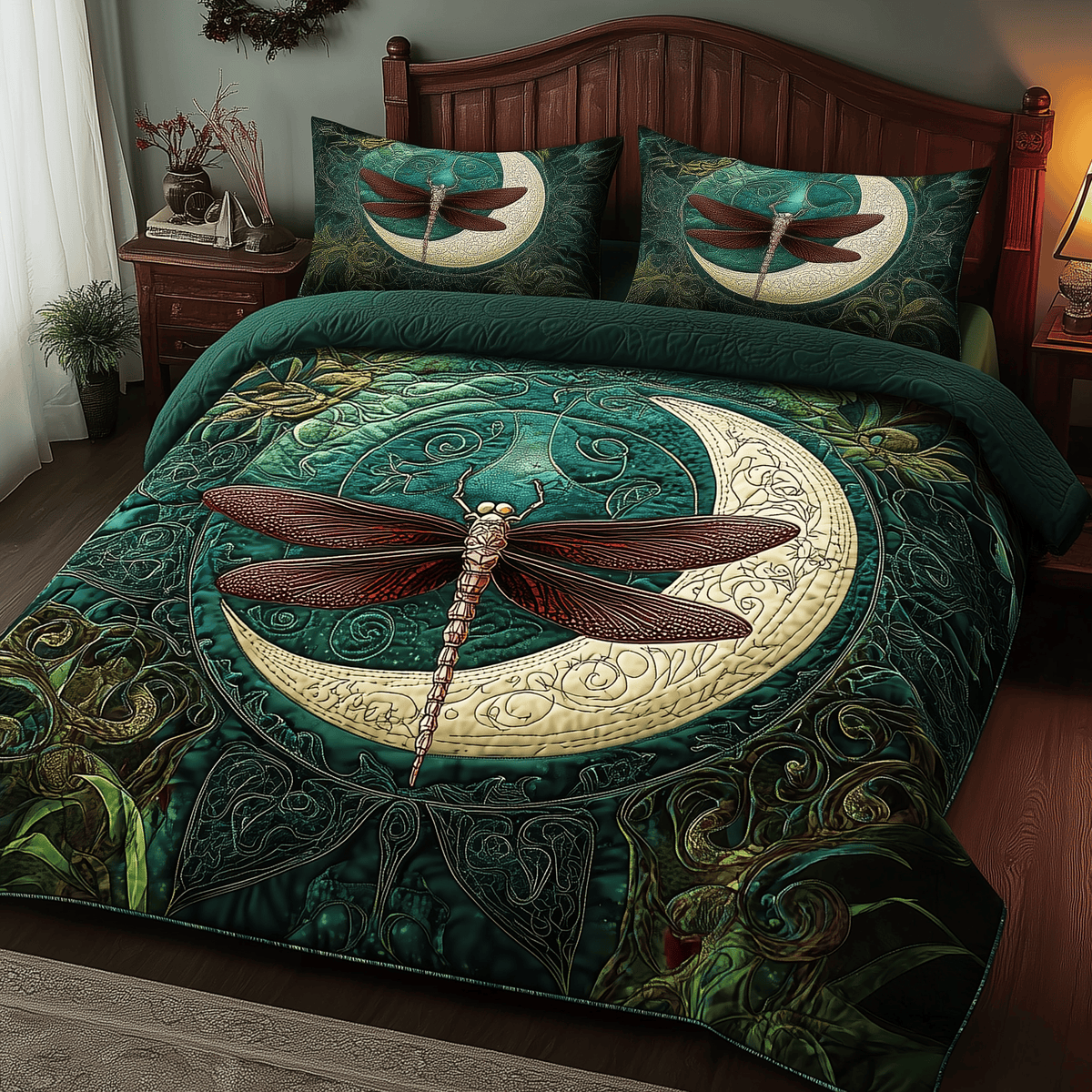 Dragonfly and Crescent Moon 3 Piece Quilted Bedding Set Gift For Butterfly Lovers
