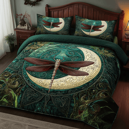 Dragonfly and Crescent Moon 3 Piece Quilted Bedding Set Gift For Butterfly Lovers