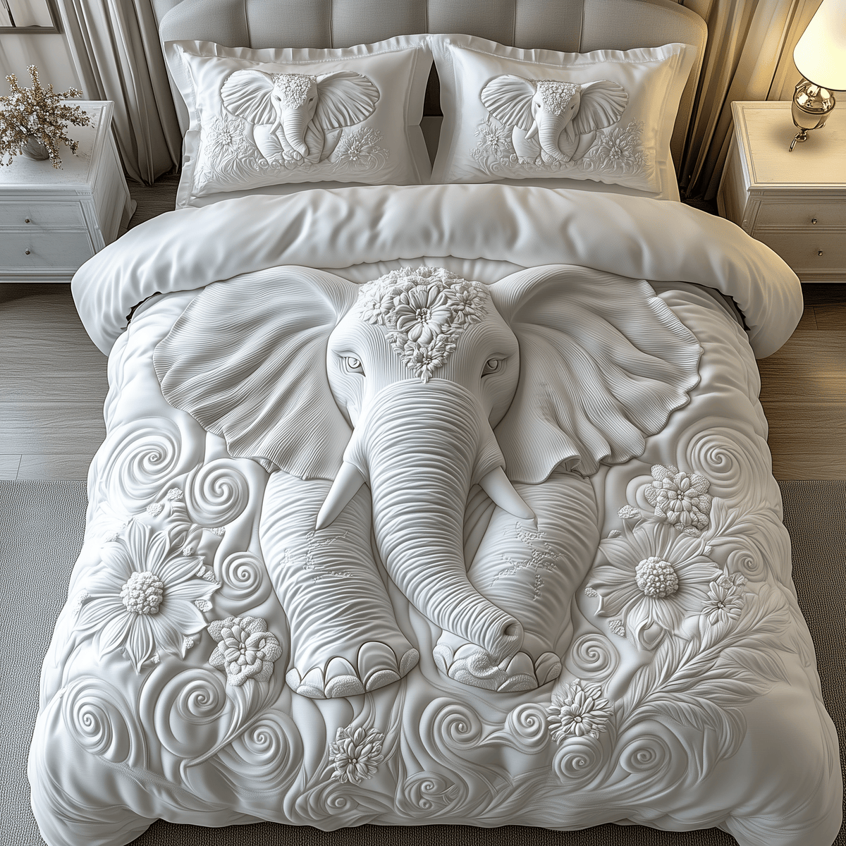 Elegant Elephant 3 Piece Quilted Bedding Set Gift For Elephant Lovers