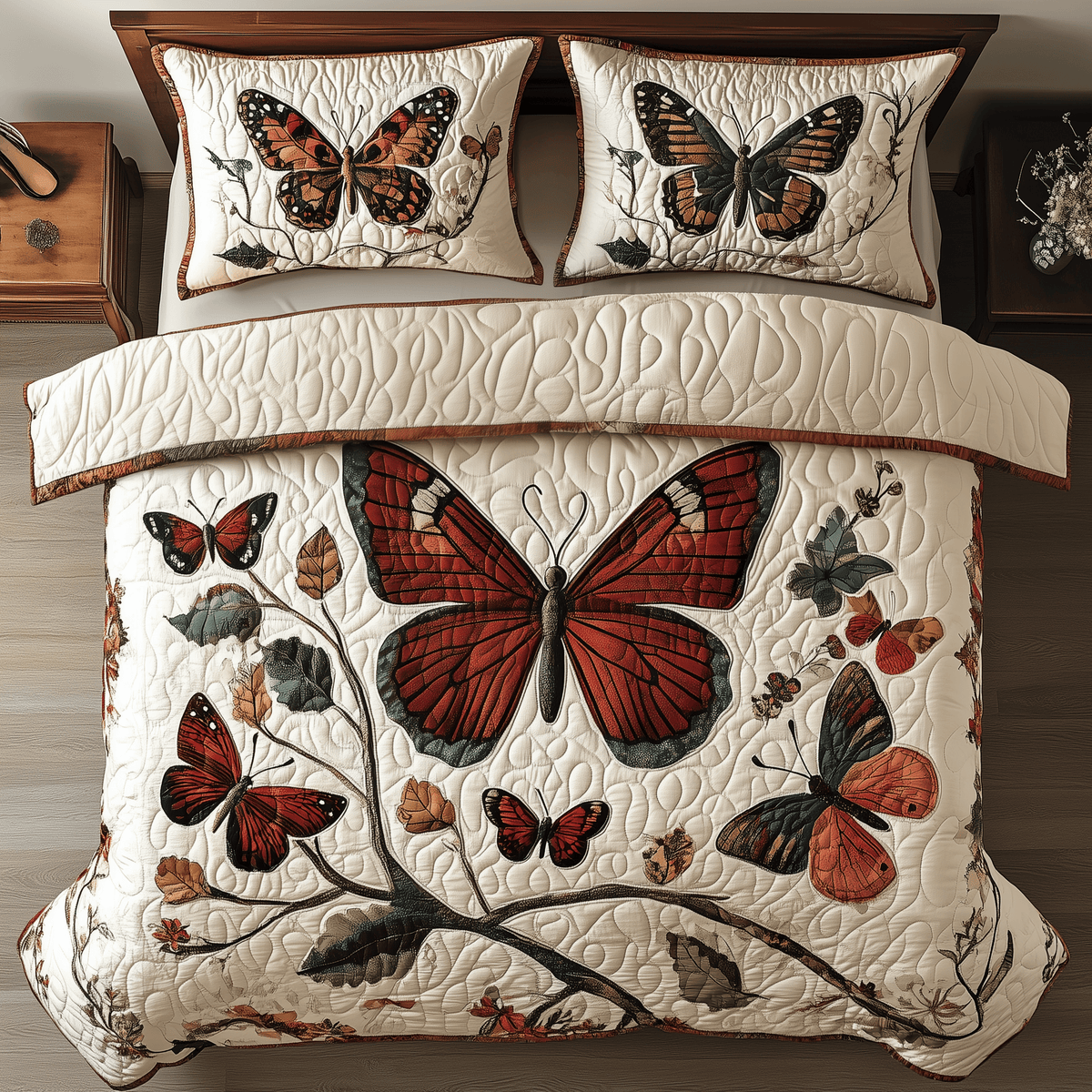 Vintage Butterfly 3 Piece Quilted Bedding Set Gift For Butterfly Lovers