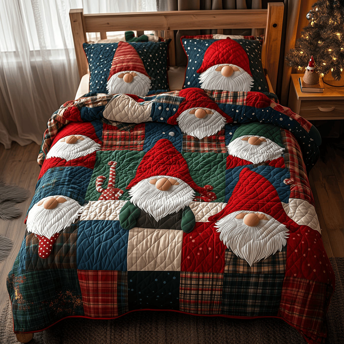 Jolly Gnomes 3 Piece Quilted Bedding Set Gift For Holiday Decor Lovers