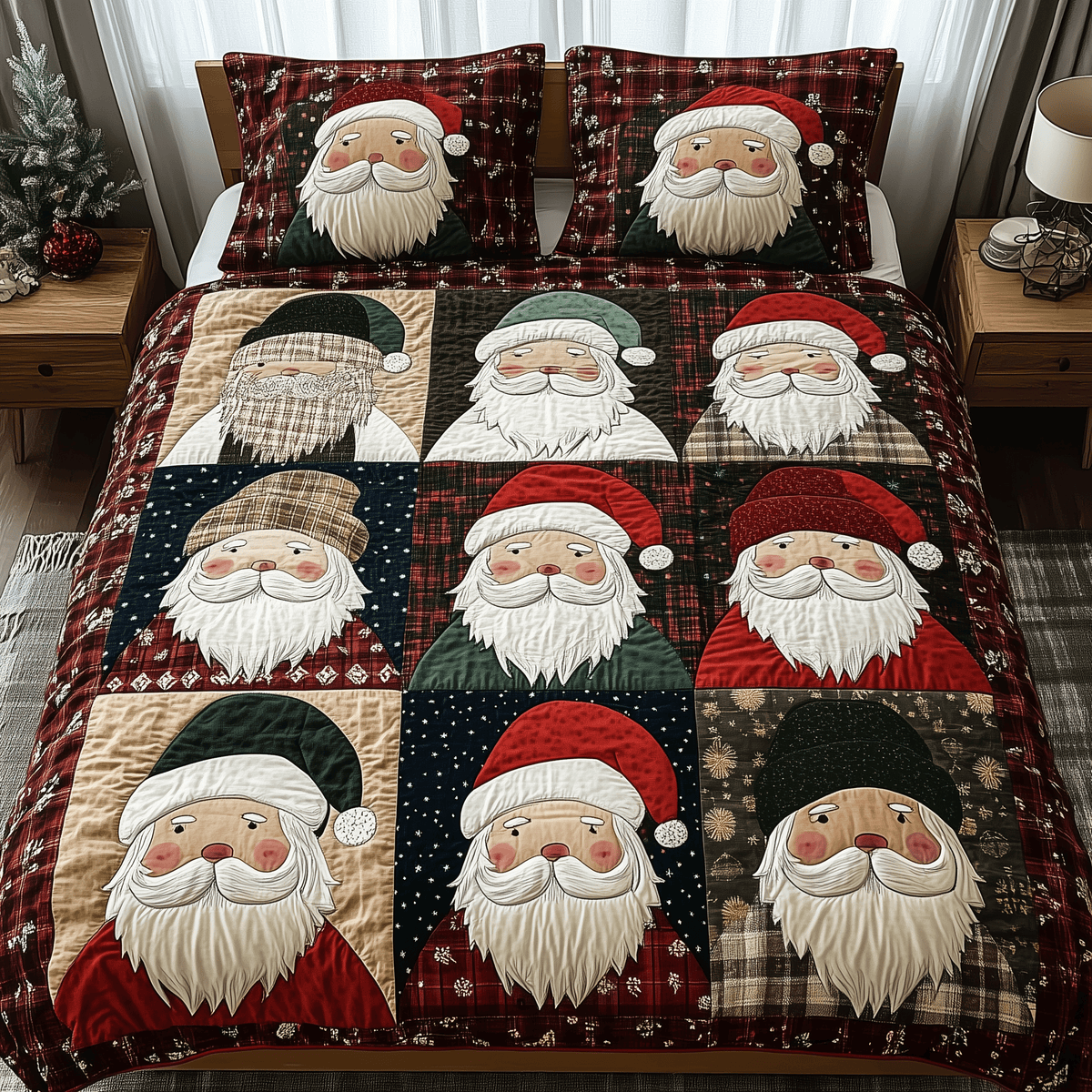 Cheerful Santa 3 Piece Quilted Bedding Set Christmas Gift For Holiday Decor Lovers