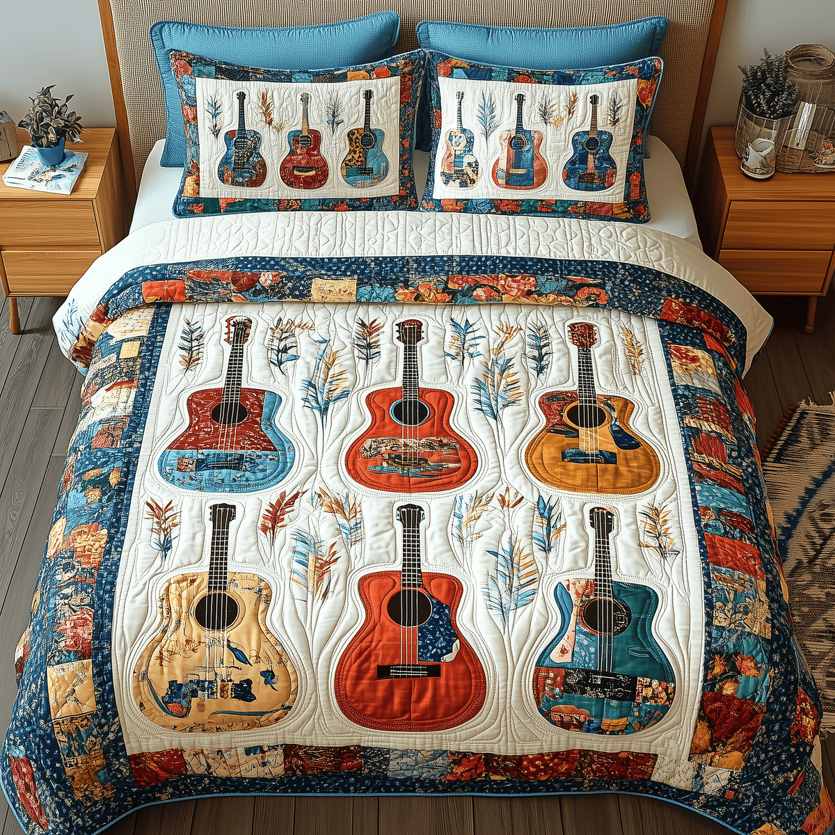 Colorful Guitars 3 Piece Quilted Bedding Set Gift For Music Lovers