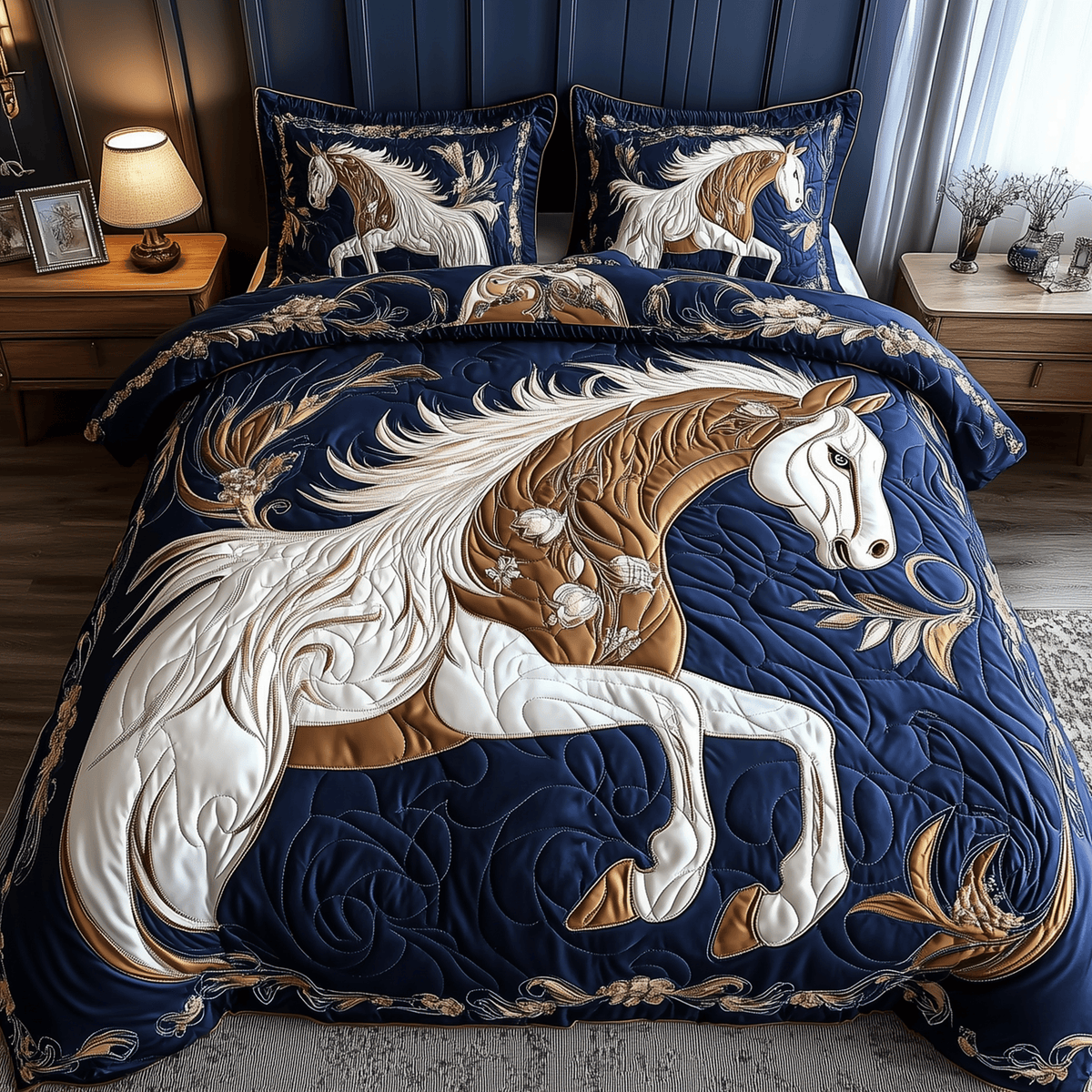 Elegant Horse 3 Piece Quilted Bedding Set Gift For Horse Lovers