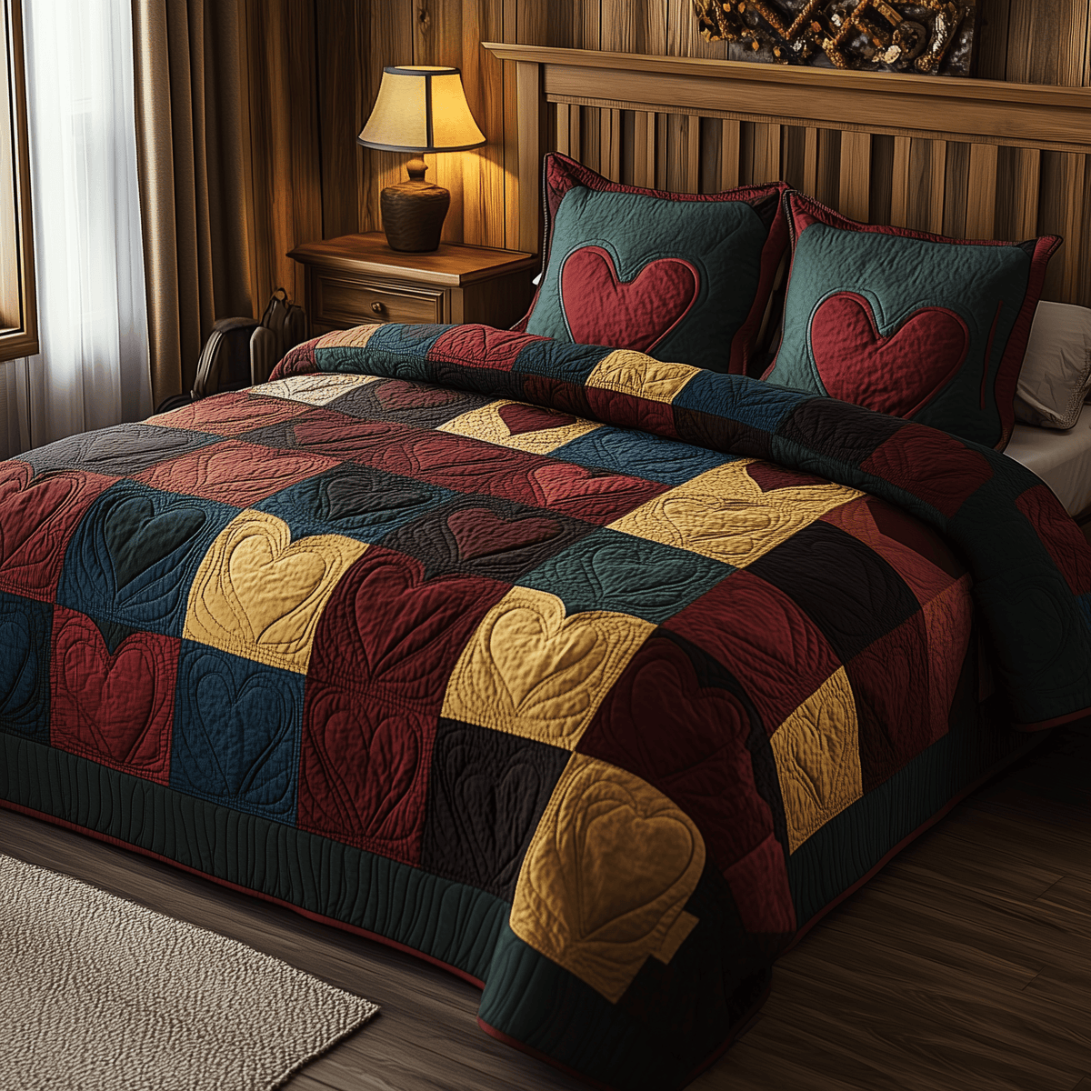 Burgundy Heart Shape 3 Piece Quilted Bedding Set Gift For Home Decor Lovers