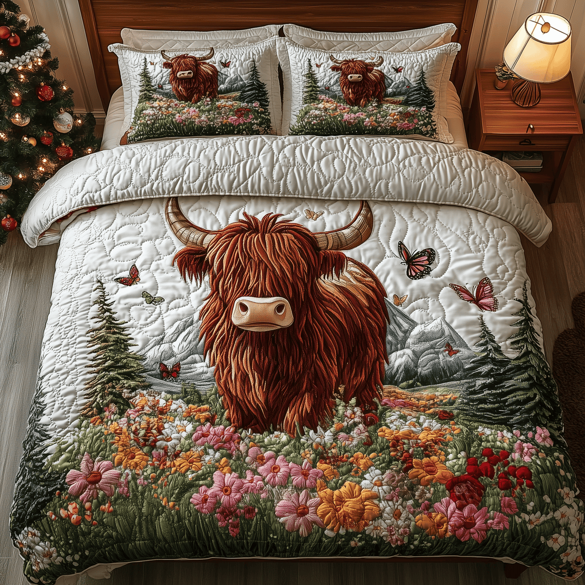 Adorable Highland Cow 3 Piece Quilted Bedding Set Gift For Cow Lovers