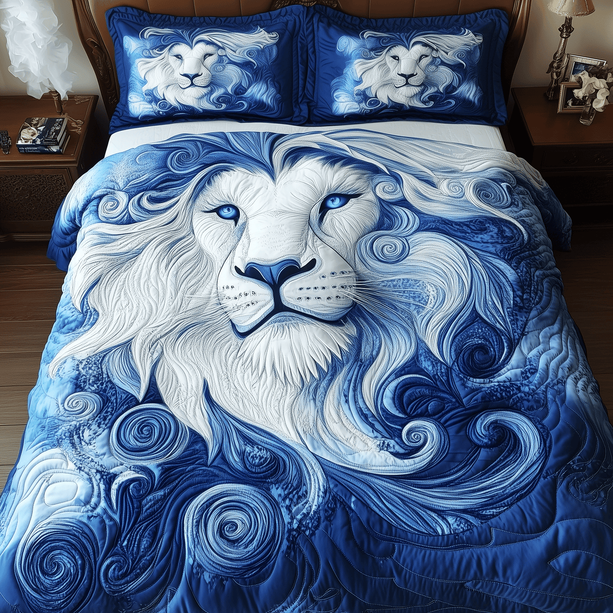 Blue Swirl Lion King 3 Piece Quilted Bedding Set Gift For Lion Lovers