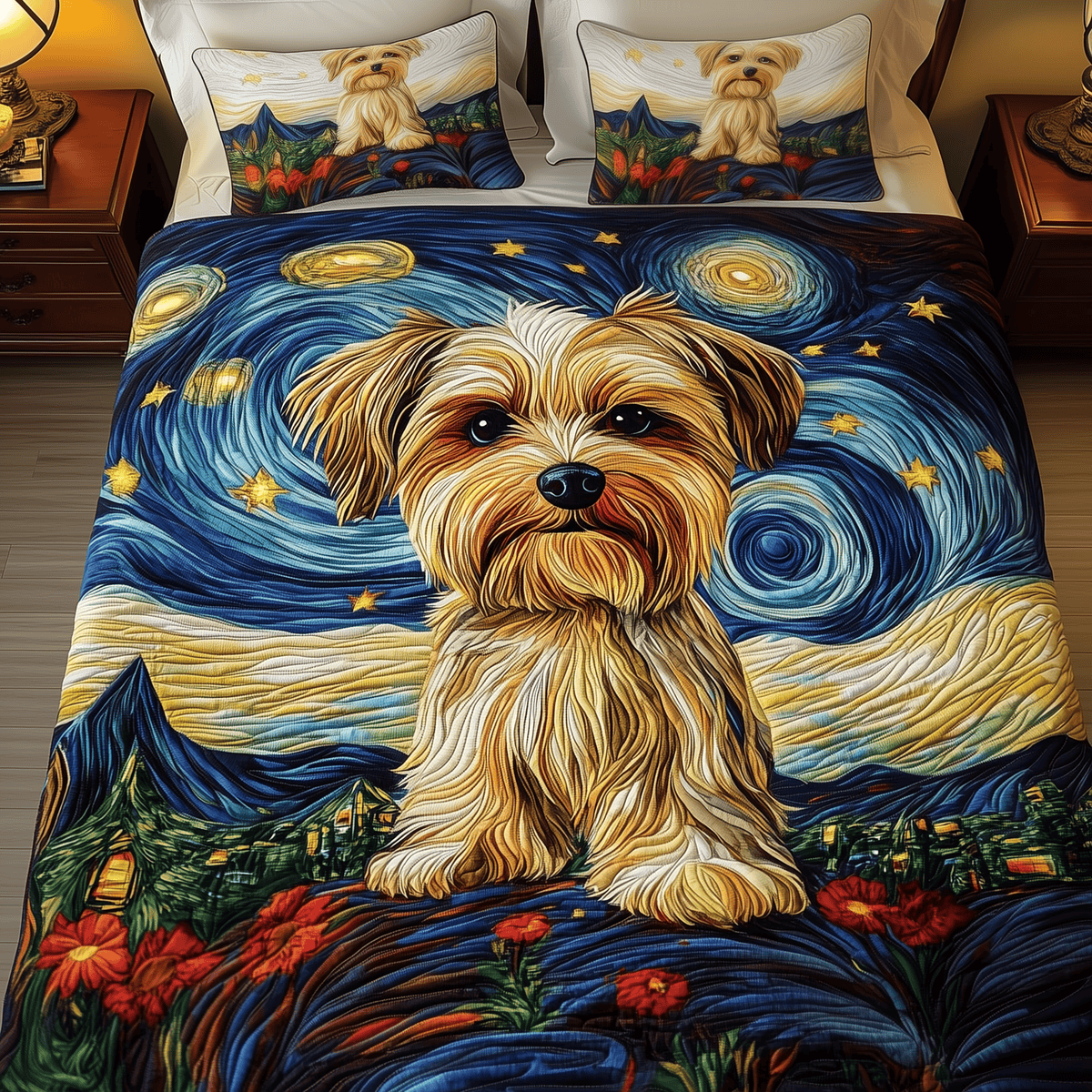 Yorkie Starry Night Dog 3 Piece Quilted Bedding Set Gift For Dog Lovers