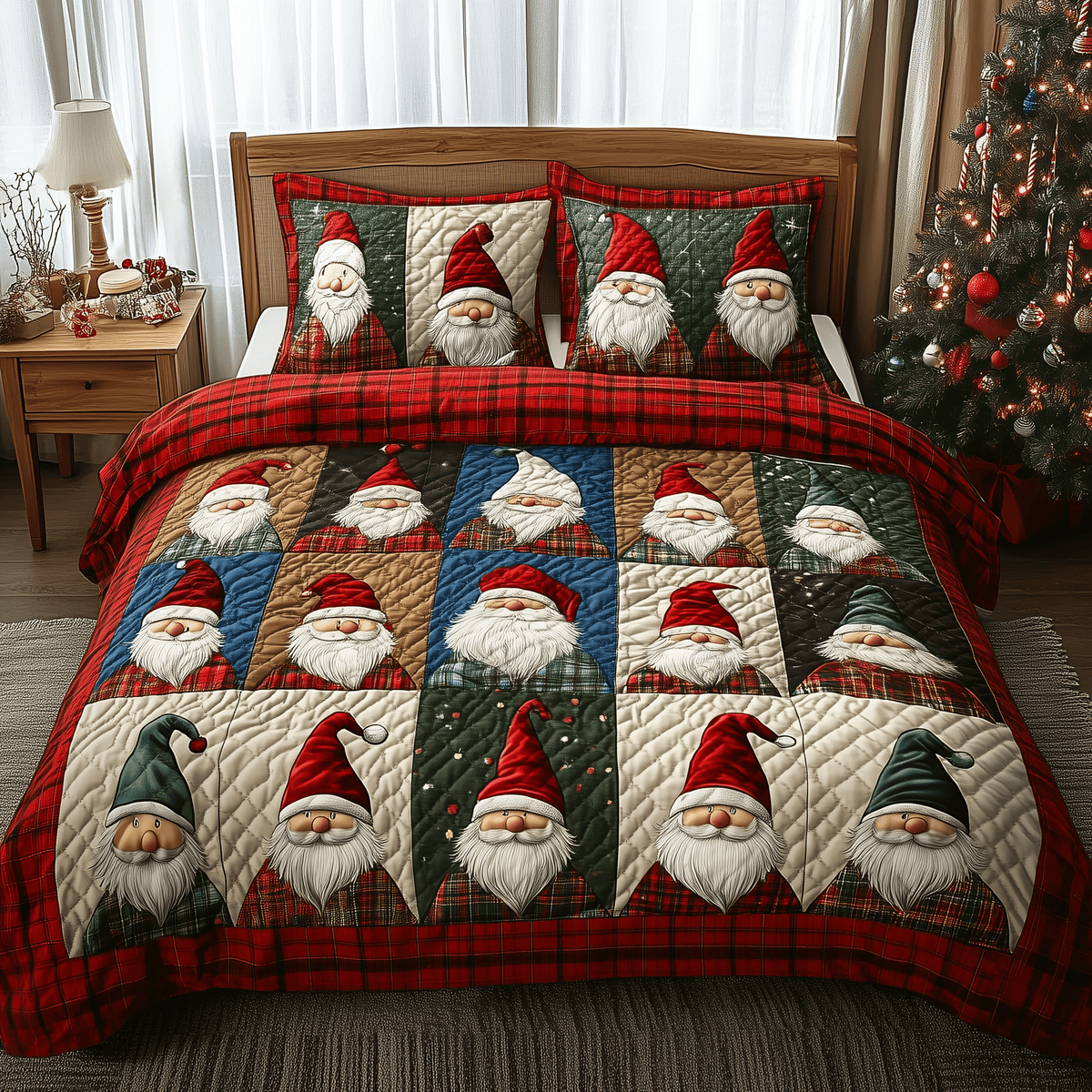 Jolly Gnomes 3 Piece Quilted Bedding Set Gift For Holiday Decor Lovers