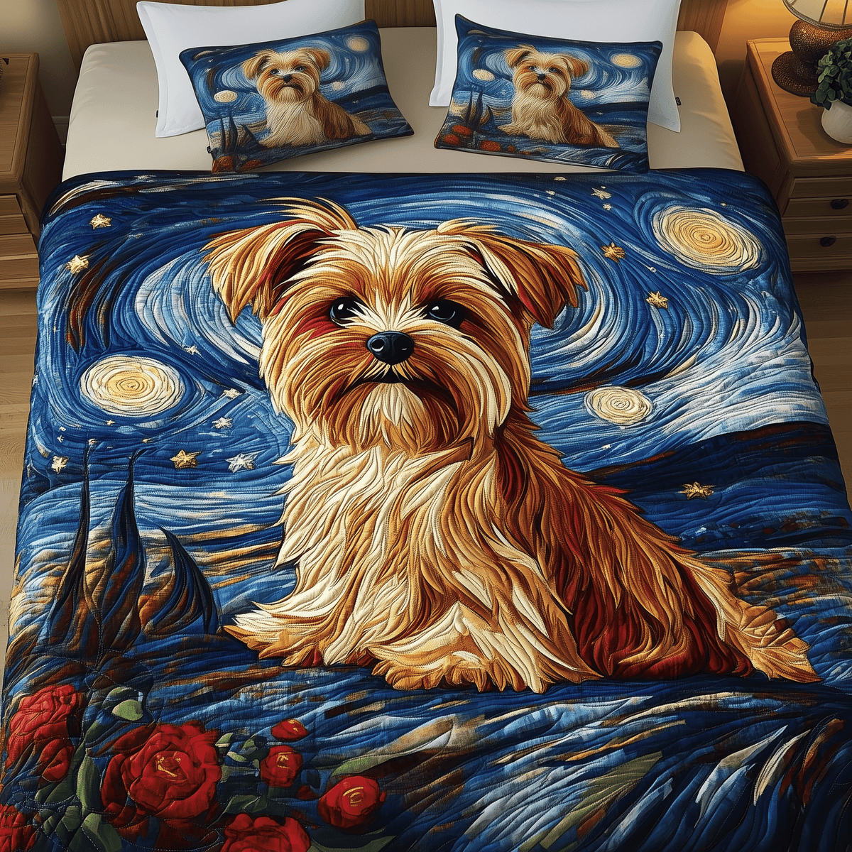 Yorkie Starry Night Dog 3 Piece Quilted Bedding Set Gift For Dog Lovers