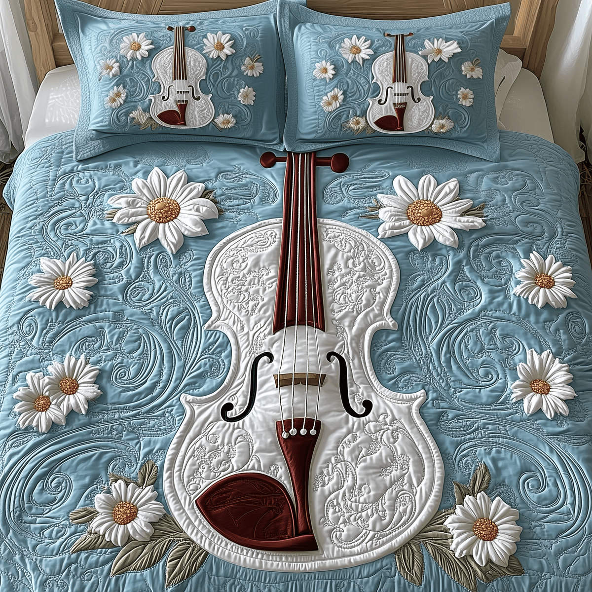 Elegant Violin 3 Piece Quilted Bedding Set Gift For Music Lovers