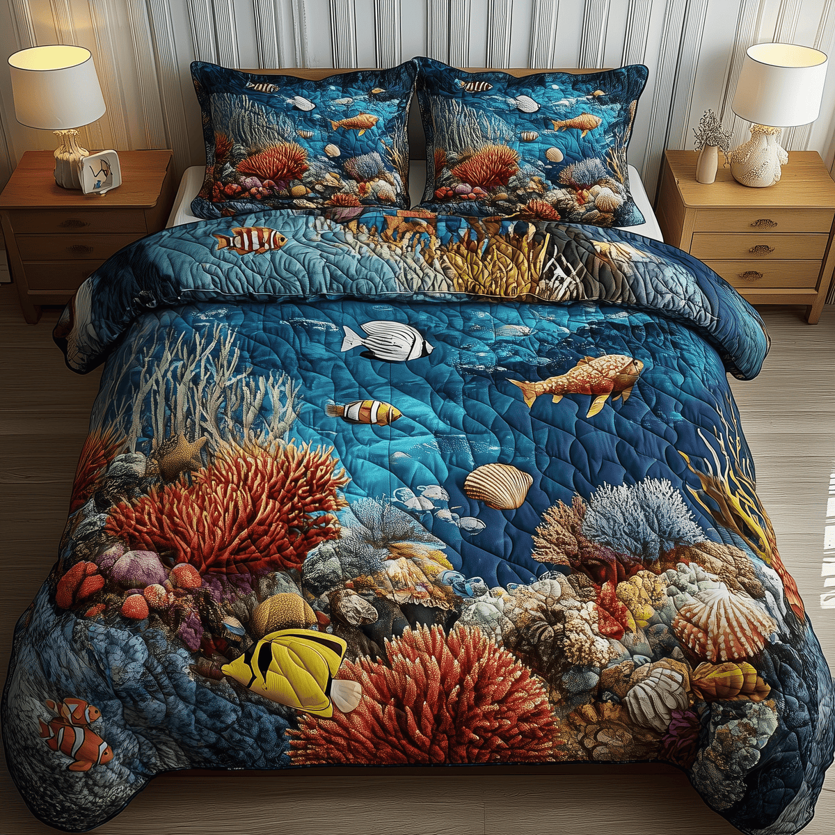 Marine Life 3 Piece Quilted Bedding Set Gift For Home Decor Lovers