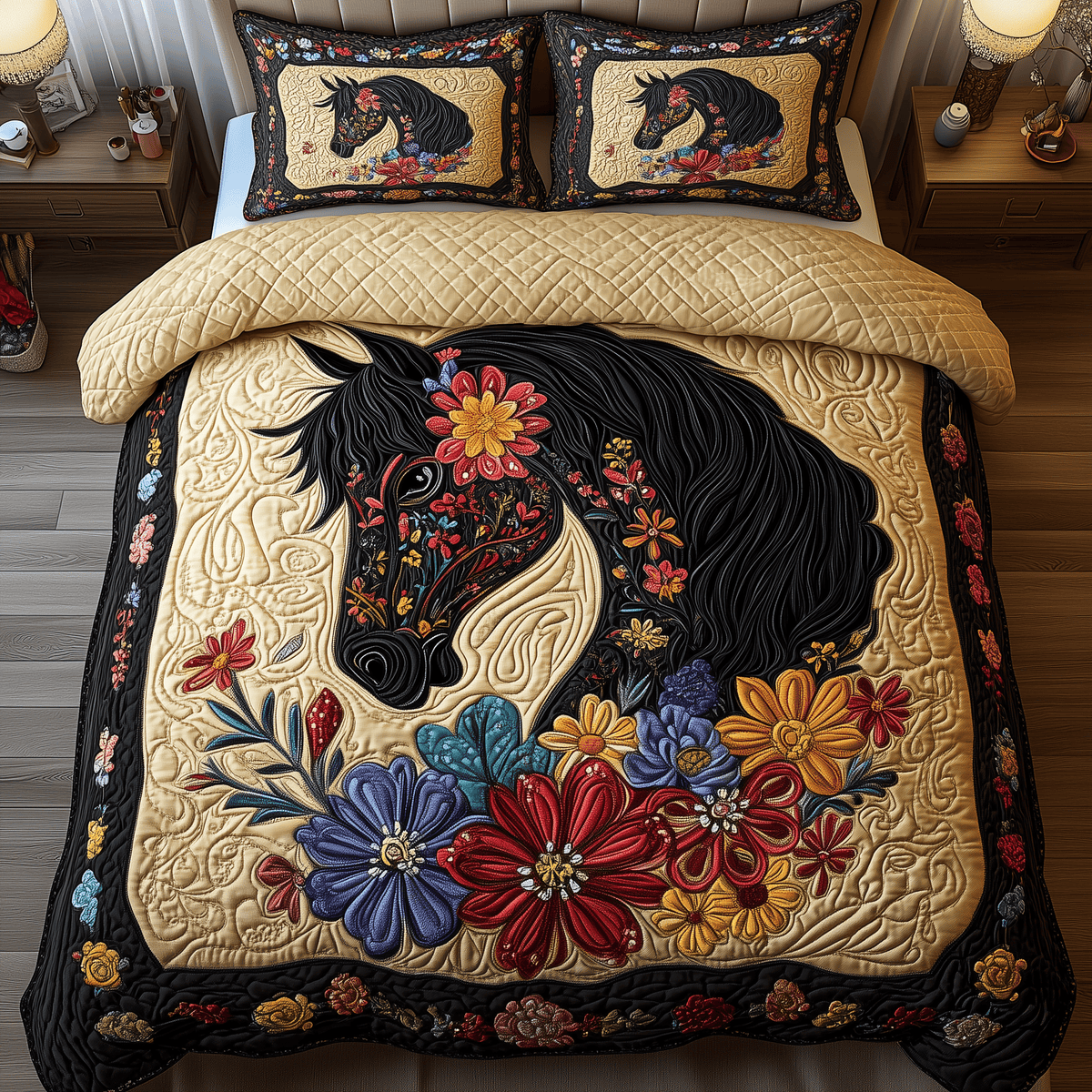 Dark Horse 3 Piece Quilted Bedding Set Gift For Horse Lovers