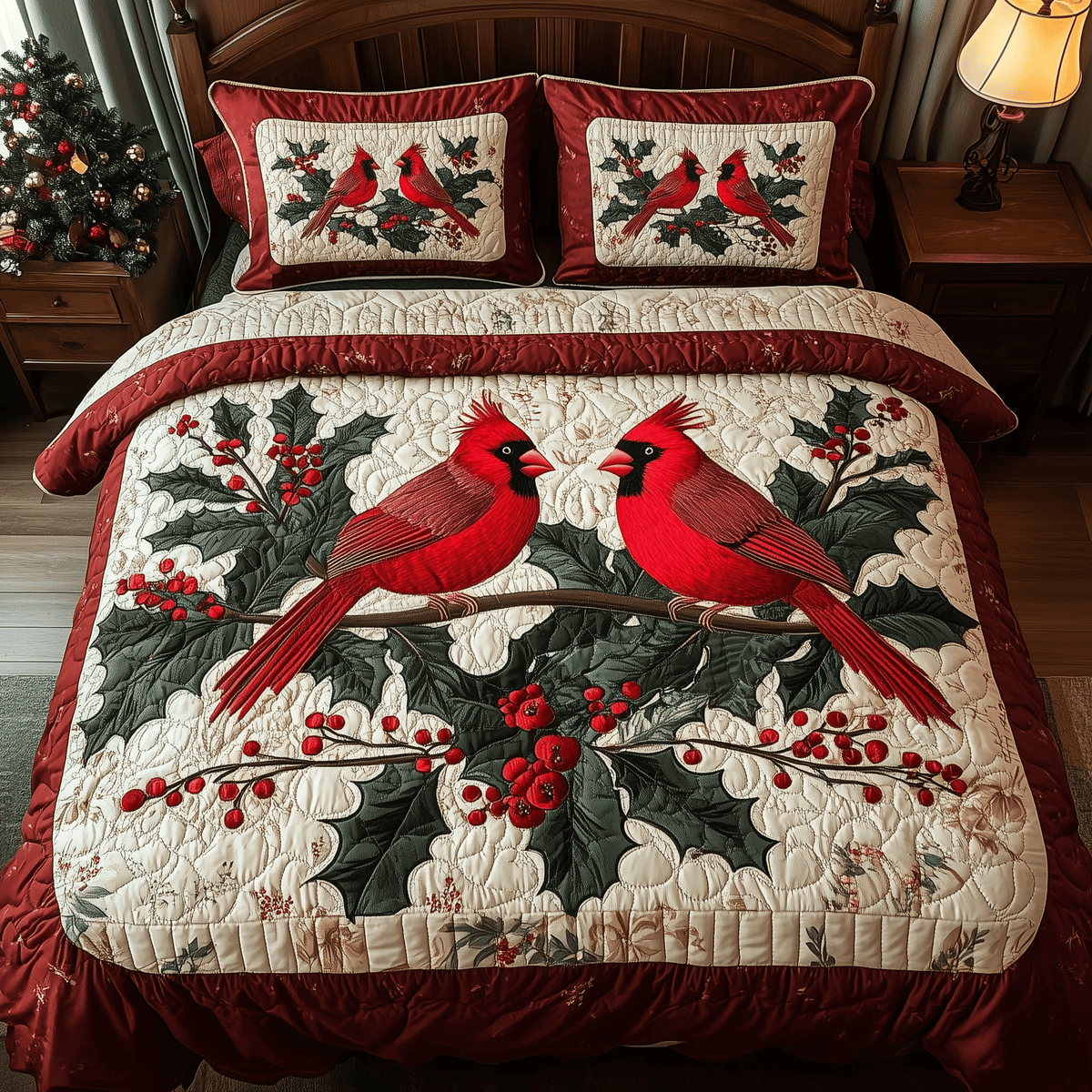 Love Cardinal 3 Piece Quilted Bedding Set Gift For Bird Lovers