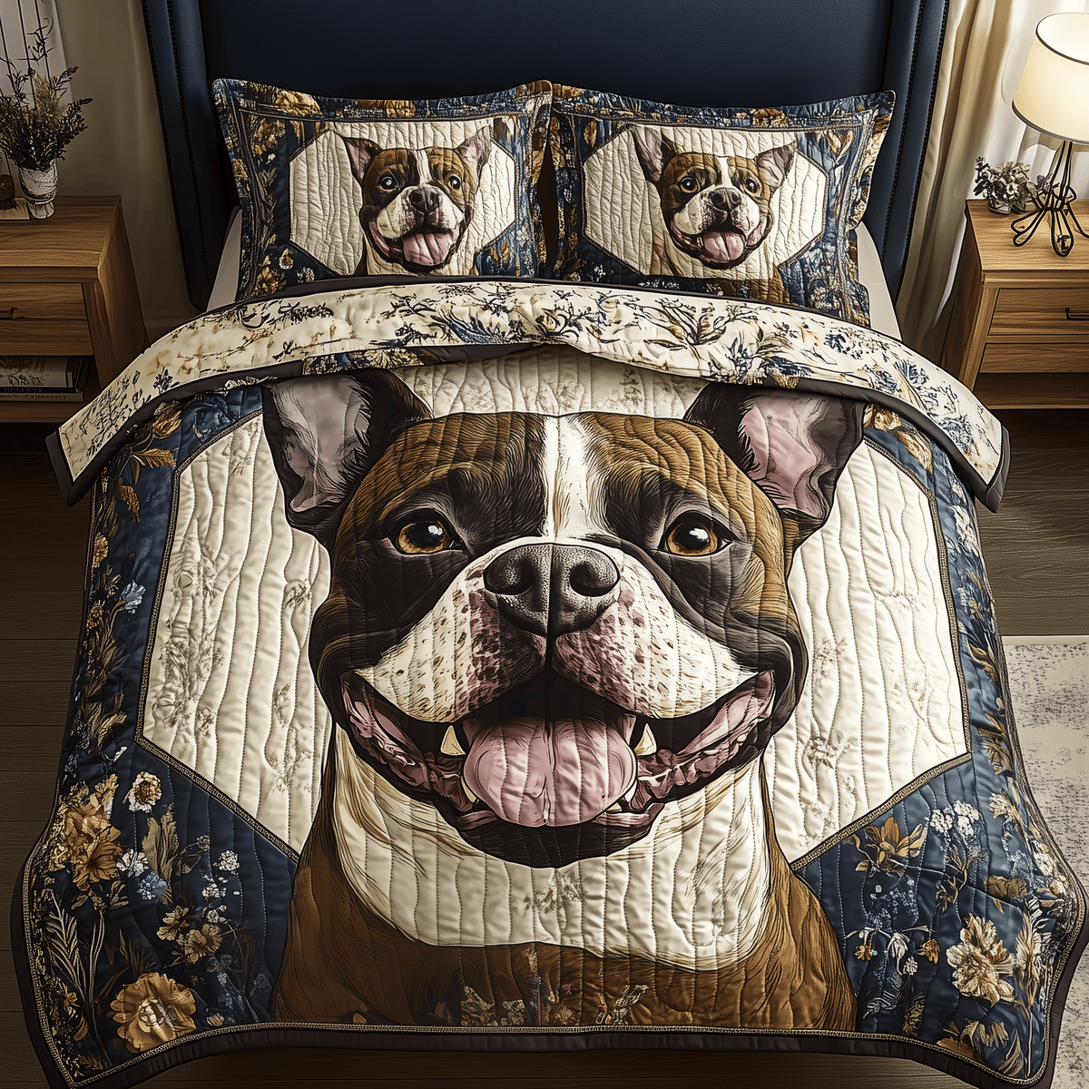 Happy Bullie Dog 3 Piece Quilted Bedding Set Gift For Dog Lovers