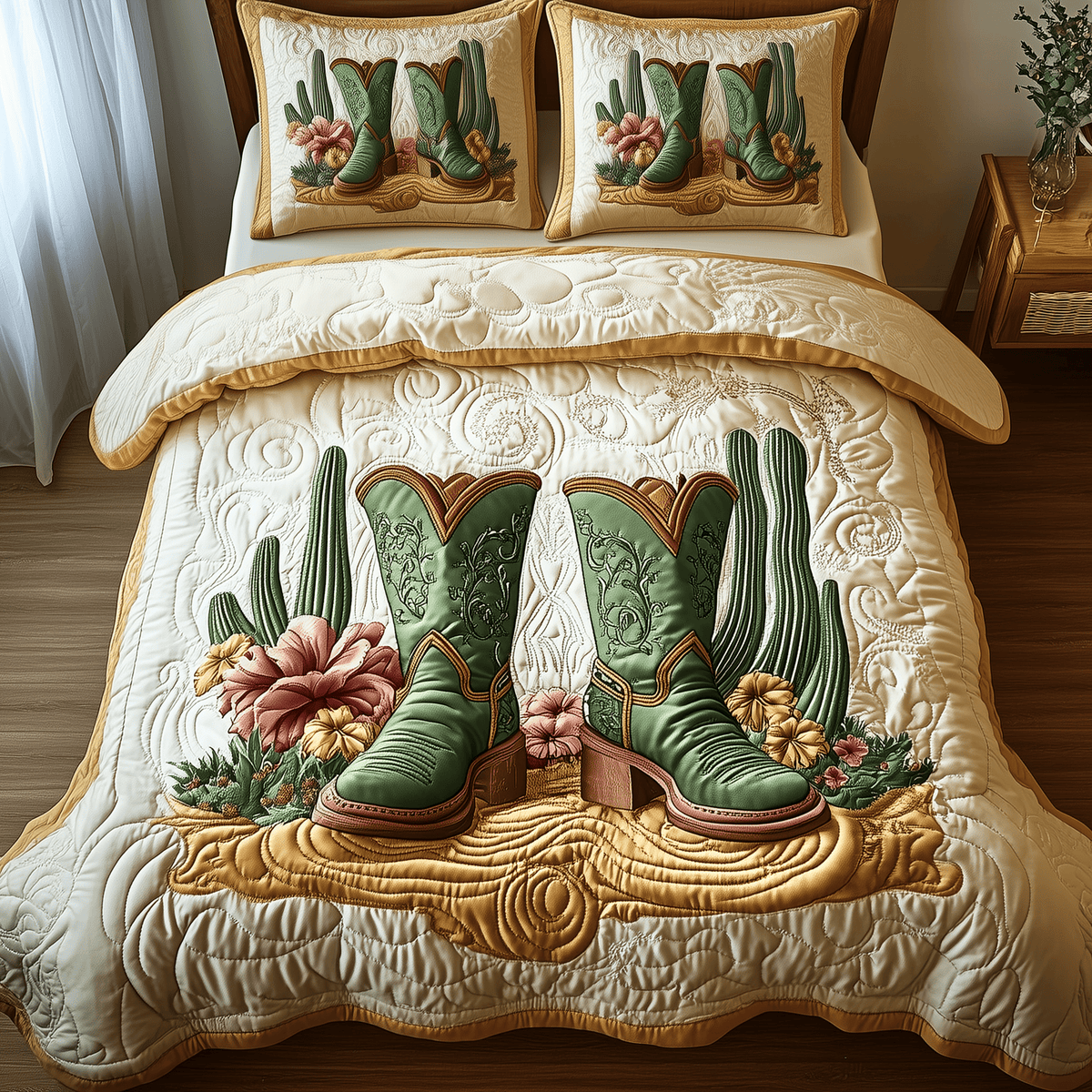 Vintage Cowboy Boots 3 Piece Quilted Bedding Set Gift For Western Lovers