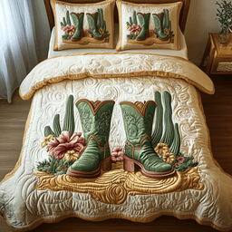 Vintage Cowboy Boots 3 Piece Quilted Bedding Set Gift For Western Lovers