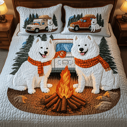 Happy Camping Samoyed Dog 3 Piece Quilted Bedding Set Gift For Campers