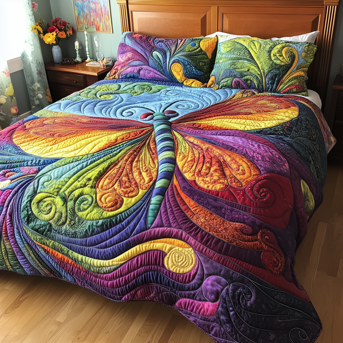 Vibrant Dragonfly 3 Piece Quilted Bedding Set Gift For Butterfly Lovers