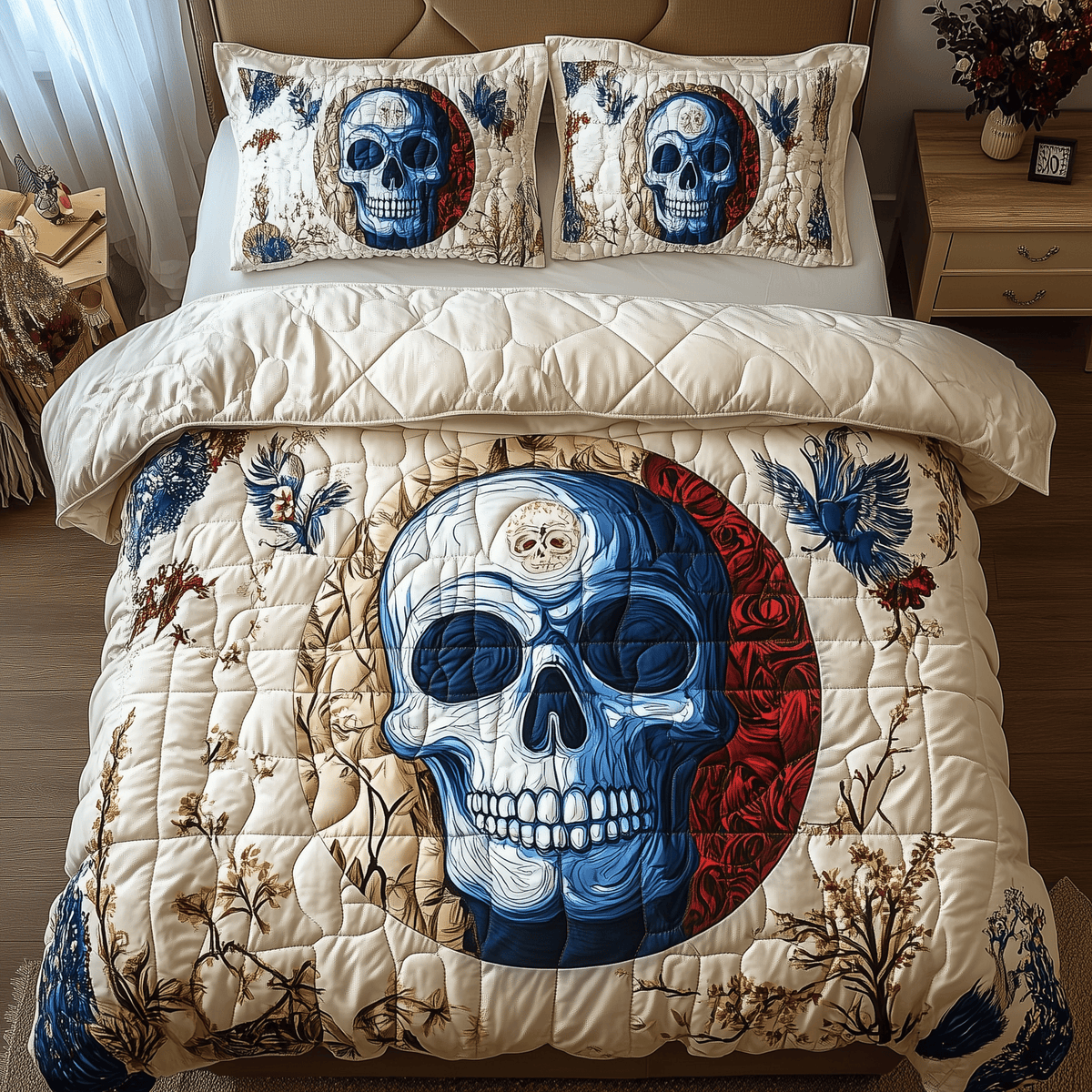 Skull 3 Piece Quilted Bedding Set Gift For Gothic Decor Lovers