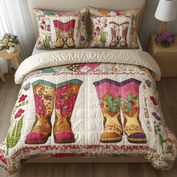 Elegant Cowboy Boot 3 Piece Quilted Bedding Set Gift For Western Lovers