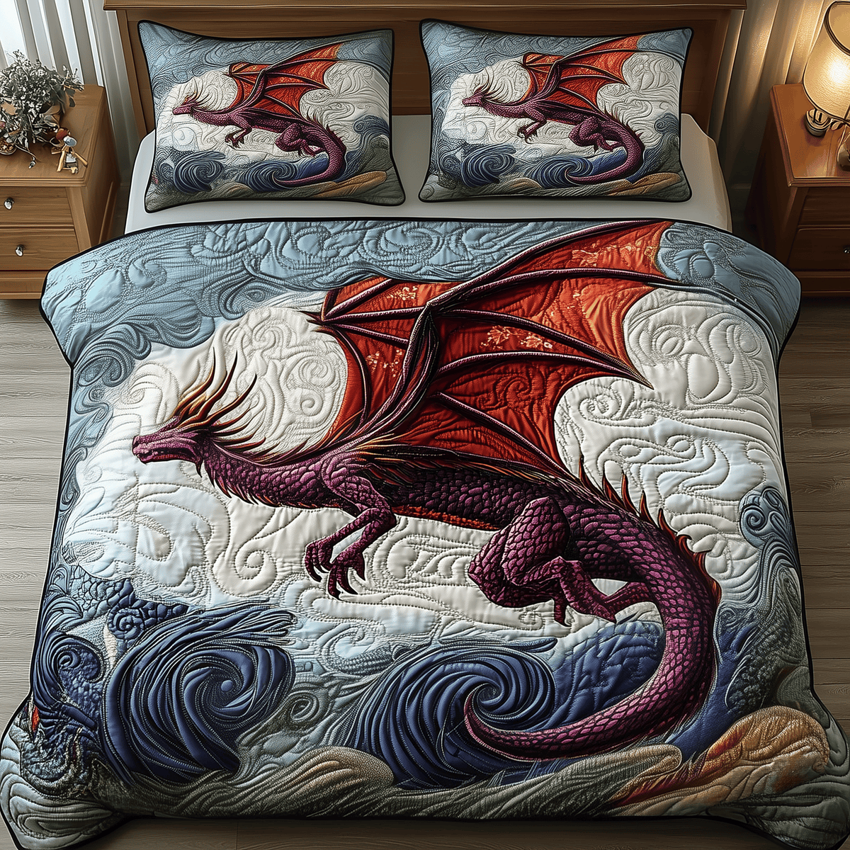 Majestic Dragon 3 Piece Quilted Bedding Set Gift For Fantasy Lovers