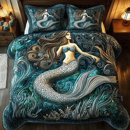 Elegant Mermaid 3 Piece Quilted Bedding Set Gift For Beach Lovers