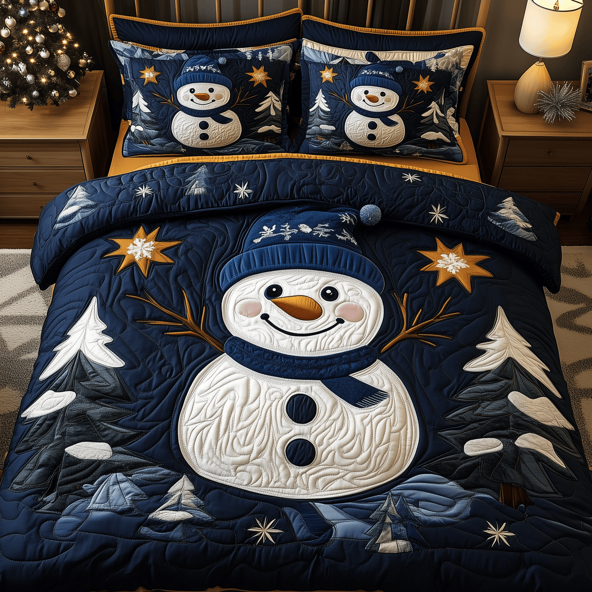 Cheerful Snowman 3 Piece Quilted Bedding Set Gift For Holiday Decor Lovers