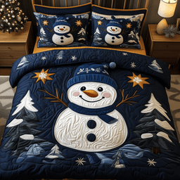 Cheerful Snowman 3 Piece Quilted Bedding Set Gift For Holiday Decor Lovers