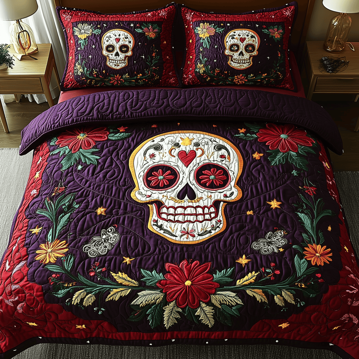Purple Skull 3 Piece Quilted Bedding Set Gift For Gothic Decor Lovers