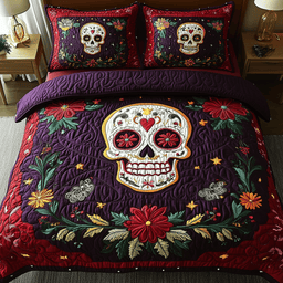Purple Skull 3 Piece Quilted Bedding Set Gift For Gothic Decor Lovers