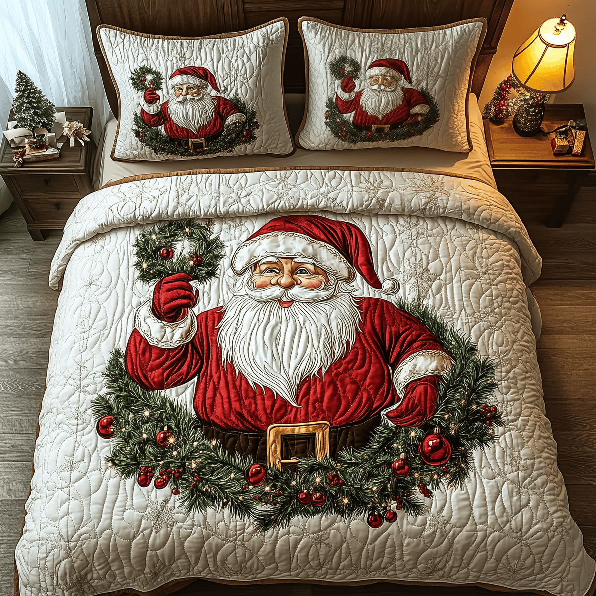 Santa Claus 3 Piece Quilted Bedding Set Christmas Gift For Holiday Decor Lovers