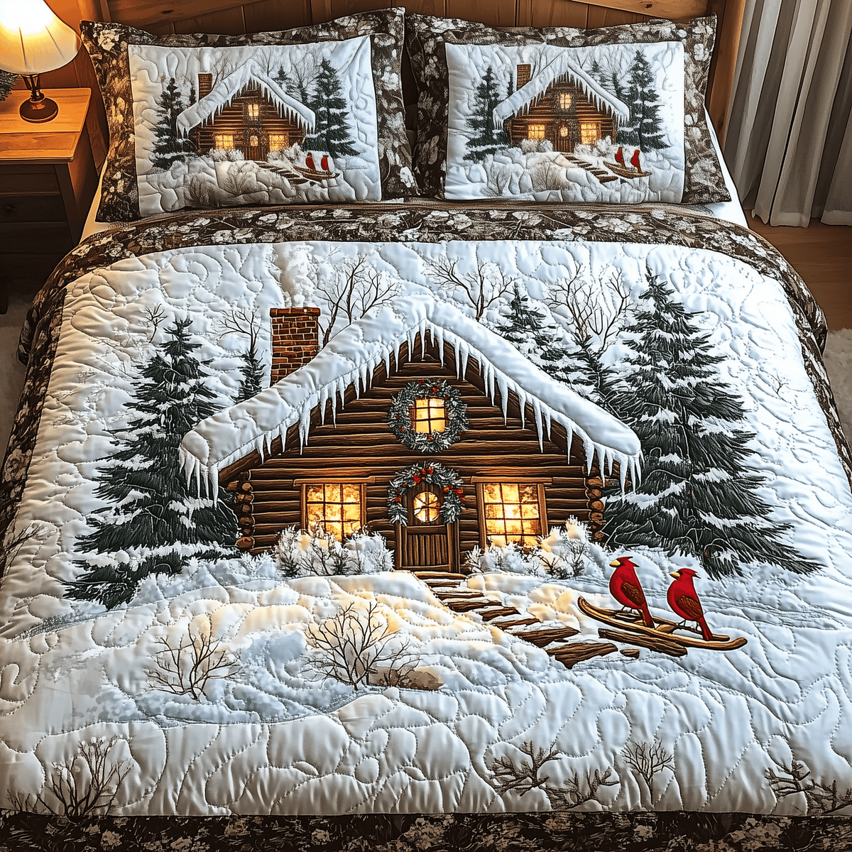Peaceful Snow Cabin 3 Piece Quilted Bedding Set Christmas Gift For Holiday Decor Lovers