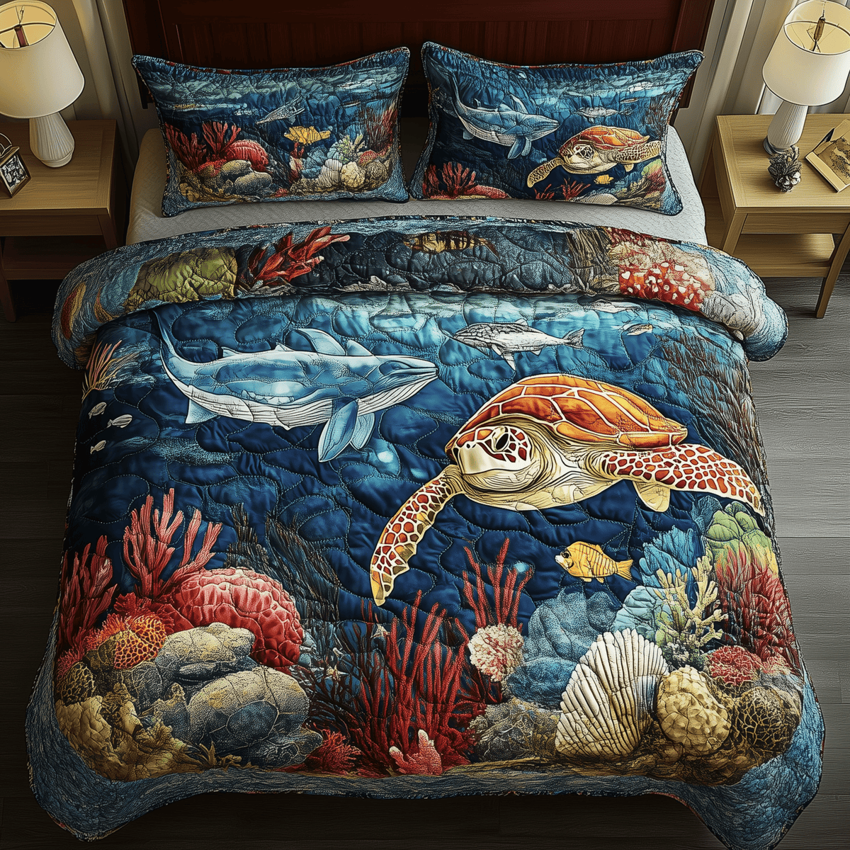 Turtle Ocean 3 Piece Quilted Bedding Set Gift For Turtle Lovers
