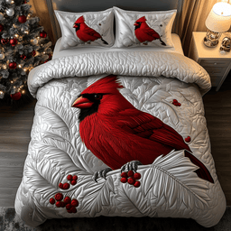 Elegant Snowy Cardinal 3 Piece Quilted Bedding Set Gift For Bird Lovers