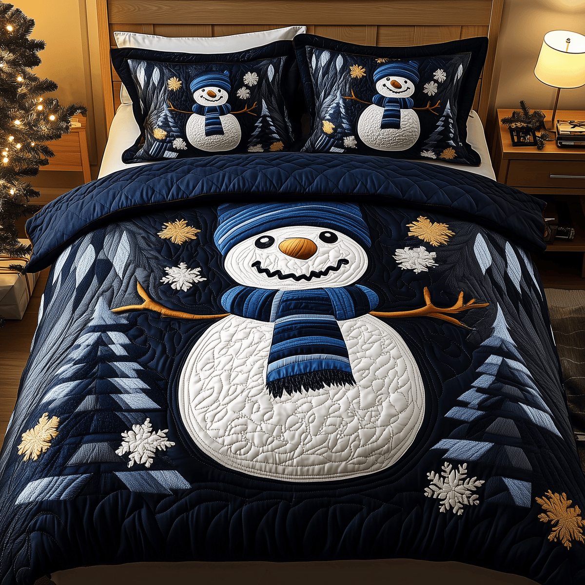 Cheerful Snowman 3 Piece Quilted Bedding Set Gift For Holiday Decor Lovers