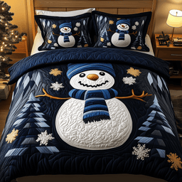 Cheerful Snowman 3 Piece Quilted Bedding Set Gift For Holiday Decor Lovers