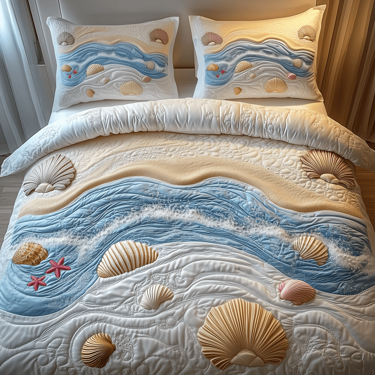 Dreamy Seashore Beach 3 Piece Quilted Bedding Set Gift For Beach Lovers