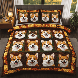 Autumn Corgi 3 Piece Quilted Bedding Set Gift For Dog Lovers