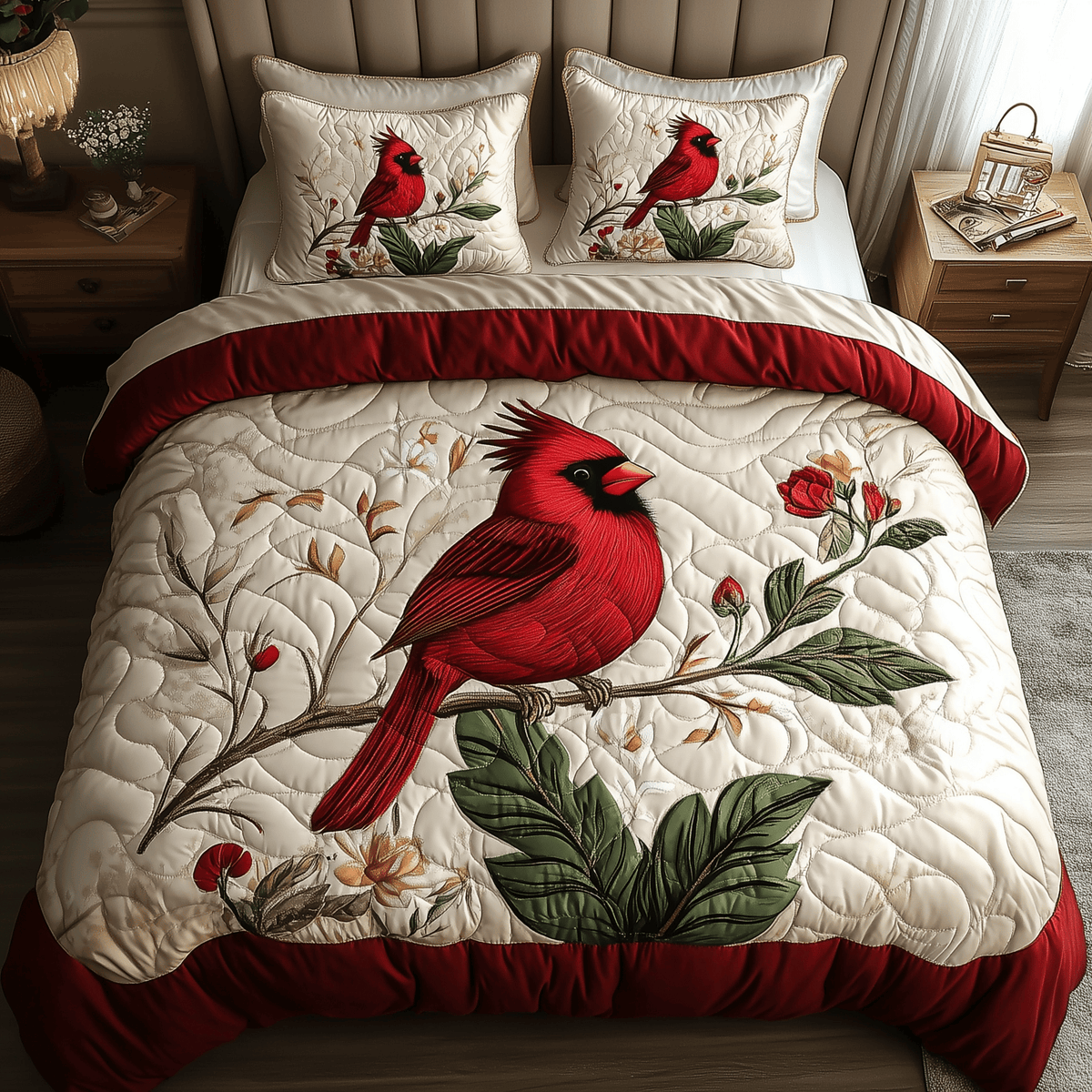Elegant Red Cardinal 3 Piece Quilted Bedding Set Gift For Bird Lovers