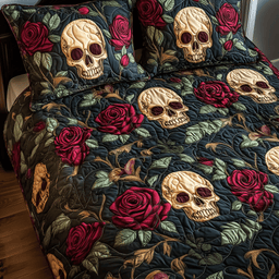 Rose Skull 3 Piece Quilted Bedding Set Gift For Flower Lovers