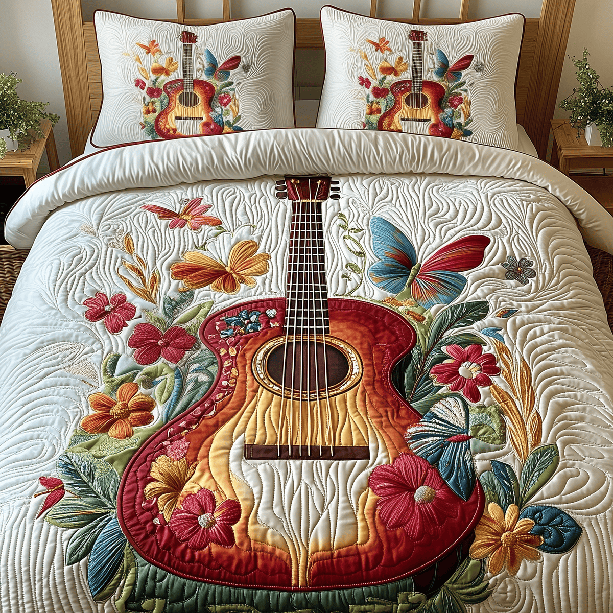 Acoustic Guitar 3 Piece Quilted Bedding Set Gift For Music Lovers