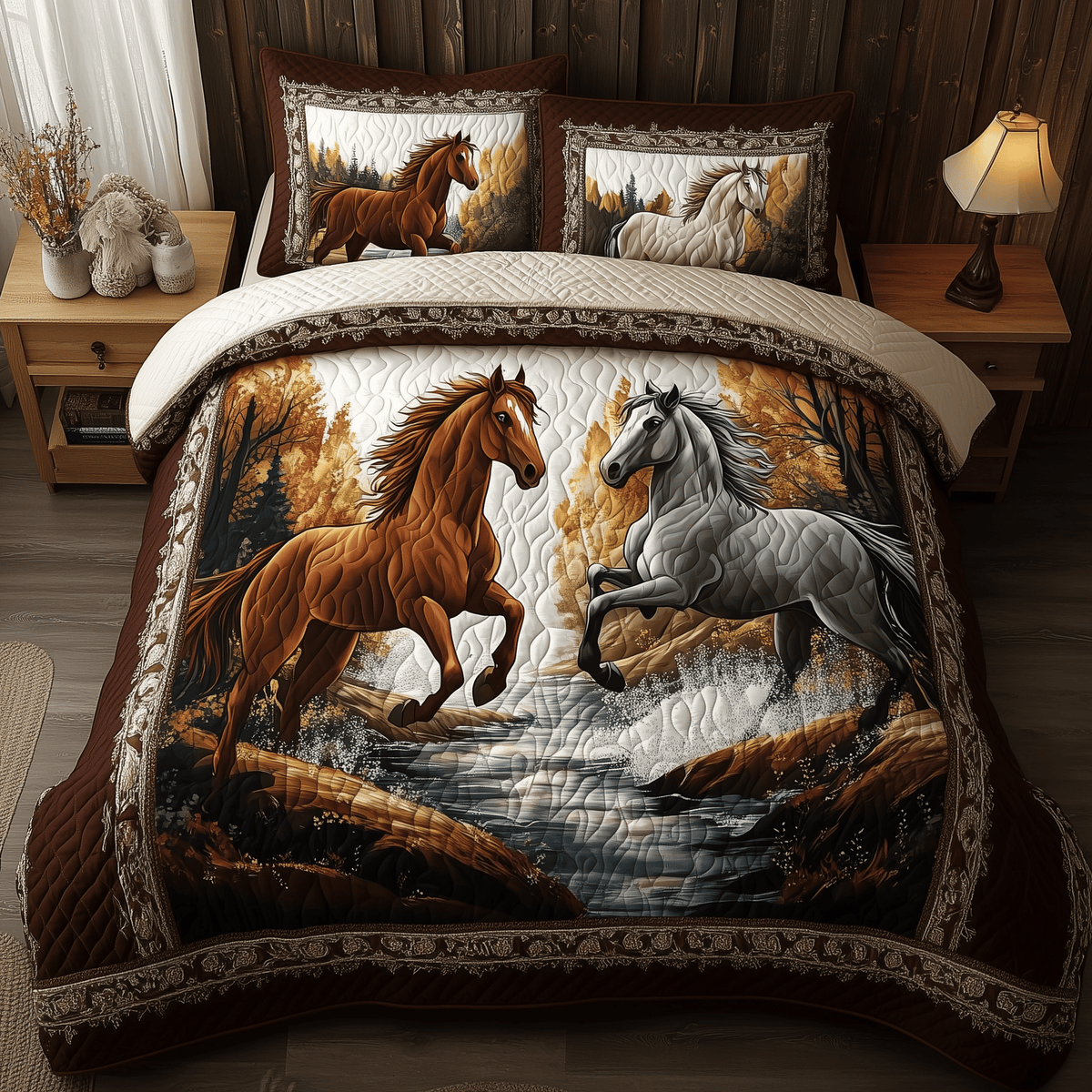 Beachside Runners Horse 3 Piece Quilted Bedding Set Gift For Horse Lovers
