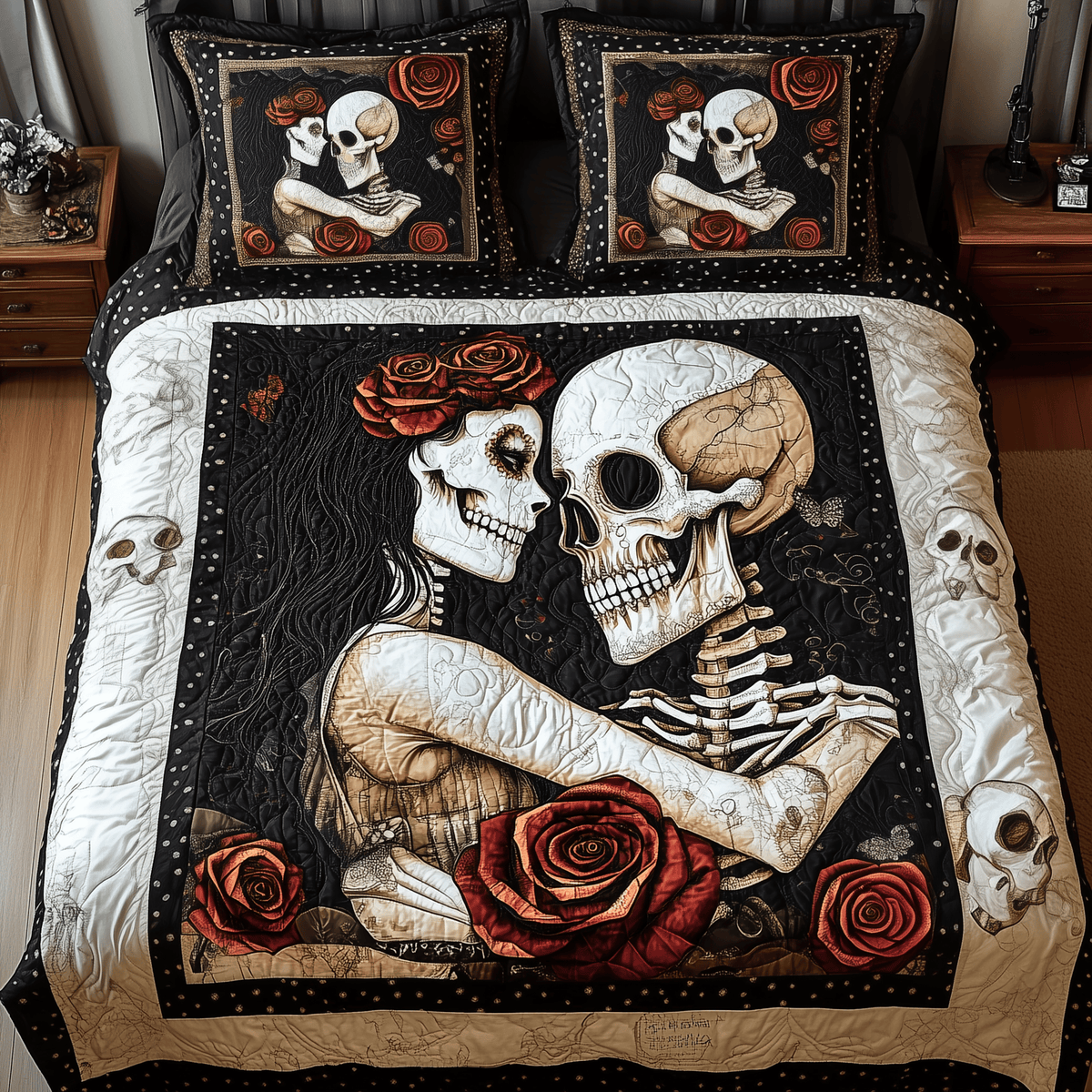 Skull Couple 3 Piece Quilted Bedding Set Gift For Gothic Decor Lovers